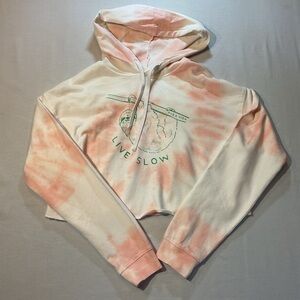 Pure Vida NWT Sloth Crop Top, Pink White Tie Dye Long Sleeves w/Hood, Size Small